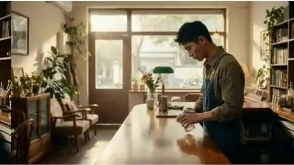 kling 3.0 multi-shot | Fixed shot, a young barista looks down while wiping a cup. The barista looks up at the camera and says in Sichuan dialect: Hey, you're here. What would you like today, iced Americano or latte? We just got some new beans today.