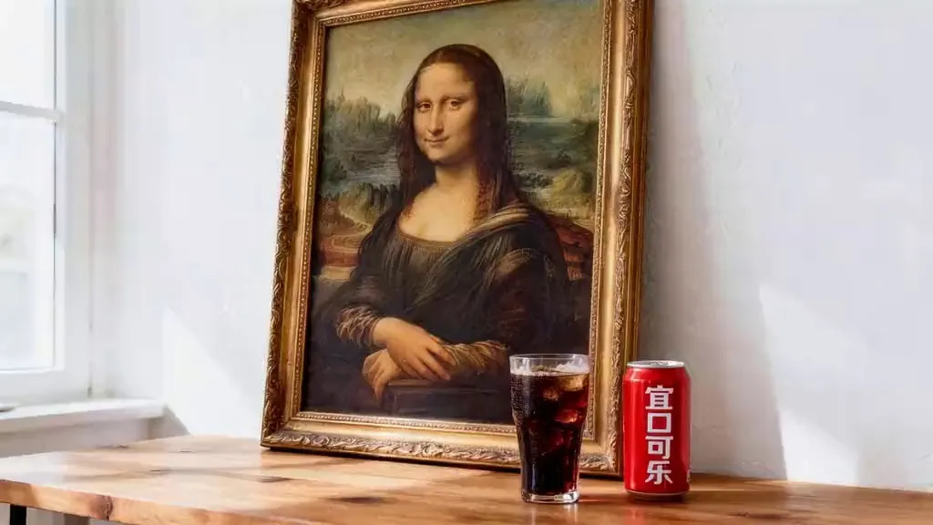 seedance2.0 クリエイティブ広告 | 絵画の中のキャラクターが罪悪感のある表情を見せ、左右を見回し、枠から手を伸ばしてコーラを掴み、満足げに一口飲む。足音が聞こえると、キャラクターは素早くコーラを元の場所に戻す。カウボーイがコーラを手に取り、立ち去る。カメラが前進し、シーンが黒い背景へとフェードアウトし、コーラ缶だけがトップライトで照らされる。芸術的な字幕とナレーションが下部に表示される：「Yikou Cola、抗えない味！」