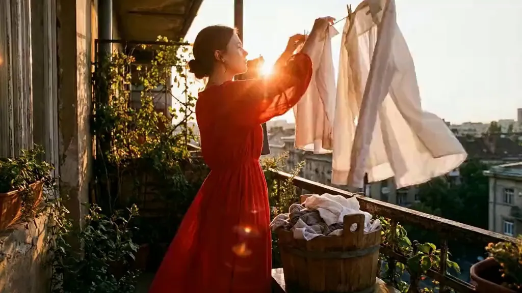 seedance2 シネマティック品質 | 少女が優雅に洗濯物を干し、バケツから別の服を取り出し、しわを取るために力強く振る。